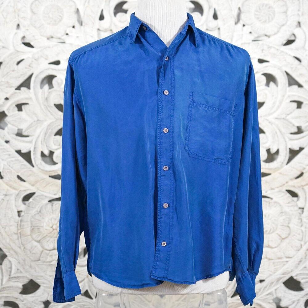 Basix Fenn Wright & Manson Vintage Silk Shirt Deep Sapphire Blue Size Small